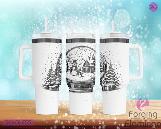 Mockup image of the Snow Globe Tumbler Wrap SVG by Forging Flamingo, displayed on three tumblers featuring snow globes filled with winter scenes, trees, and snowfall in a seamless holiday wrap. Digital design shown for 20oz, 30oz, and 40oz tumblers.