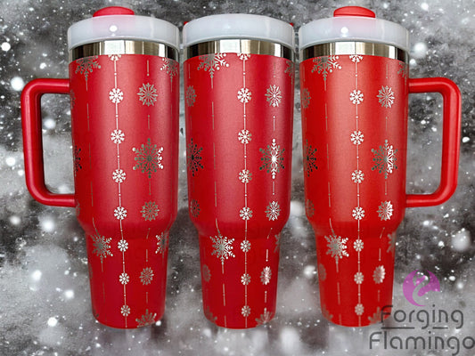 Composite image of a single tumbler engraved with Forging Flamingo's Snowflake Garland design, shown from multiple angles to highlight strung snowflake patterns and festive winter detailing in a seamless wrap. Created using the digital file for 20oz/30oz/40oz tumblers.