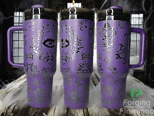 Composite image of a single tumbler engraved with Forging Flamingo's Spooky Mansion Purple Wall Covering design, shown from multiple angles to highlight haunted wallpaper-style detailing with gothic flourishes in a seamless Halloween wrap. Created using the digital file for 20oz/30oz/40oz tumblers.
