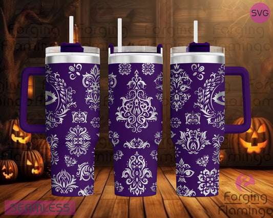 Mockup image of the Spooky Mansion Purple Wall Covering Tumbler Wrap SVG by Forging Flamingo, displayed on three tumblers featuring gothic-inspired damask patterns and eerie vintage textures in a seamless wrap. Digital design shown for 20oz, 30oz, and 40oz tumblers.