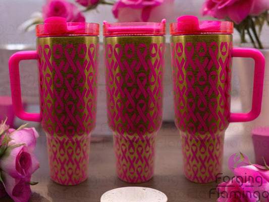 Composite image of a single Stanley tumbler engraved with Forging Flamingo's Breast Cancer Ribbon design, shown from multiple angles to highlight awareness ribbons, hearts, and supportive phrases in a seamless wrap honoring breast cancer awareness.