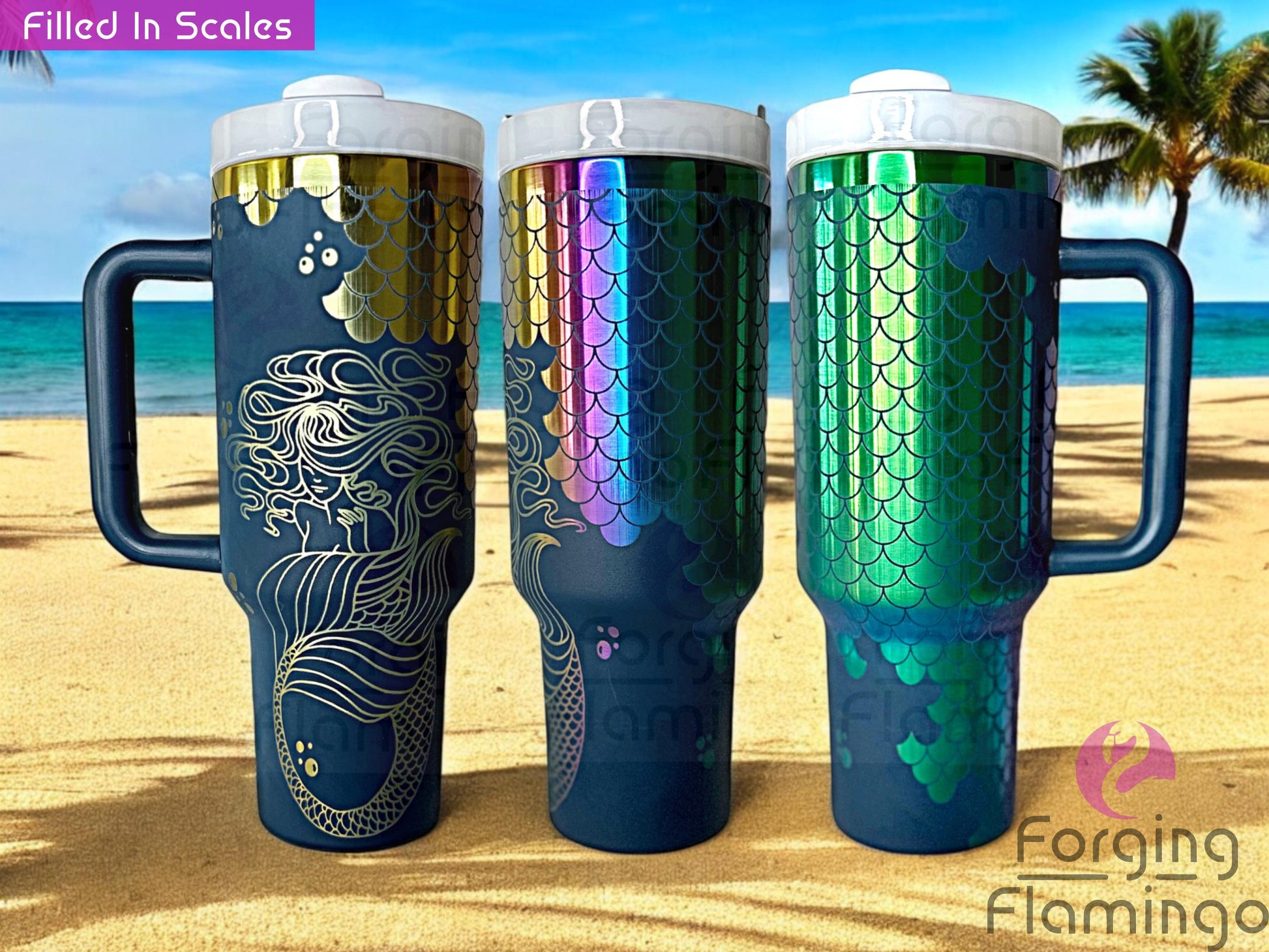 Composite image of a navy Stanley tumbler with a rainbow base engraved with Forging Flamingo's Mermaid design, shown from multiple angles to highlight filled-in mermaid scale patterns wrapping seamlessly around the cup.