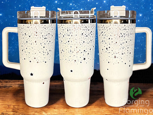 Composite image of a single tumbler engraved with Forging Flamingo's Star Shower design, shown from multiple angles to highlight engraved falling stars and scattered celestial accents in a seamless night sky-inspired wrap. Created using the digital file for 20oz/30oz/40oz tumblers.