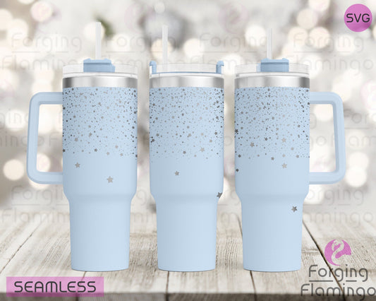 Mockup image of the Star Shower Tumbler Wrap SVG by Forging Flamingo, displayed on three tumblers featuring scattered and cascading stars in various sizes, creating a dreamy seamless celestial wrap. Digital design shown for 20oz, 30oz, and 40oz tumblers.