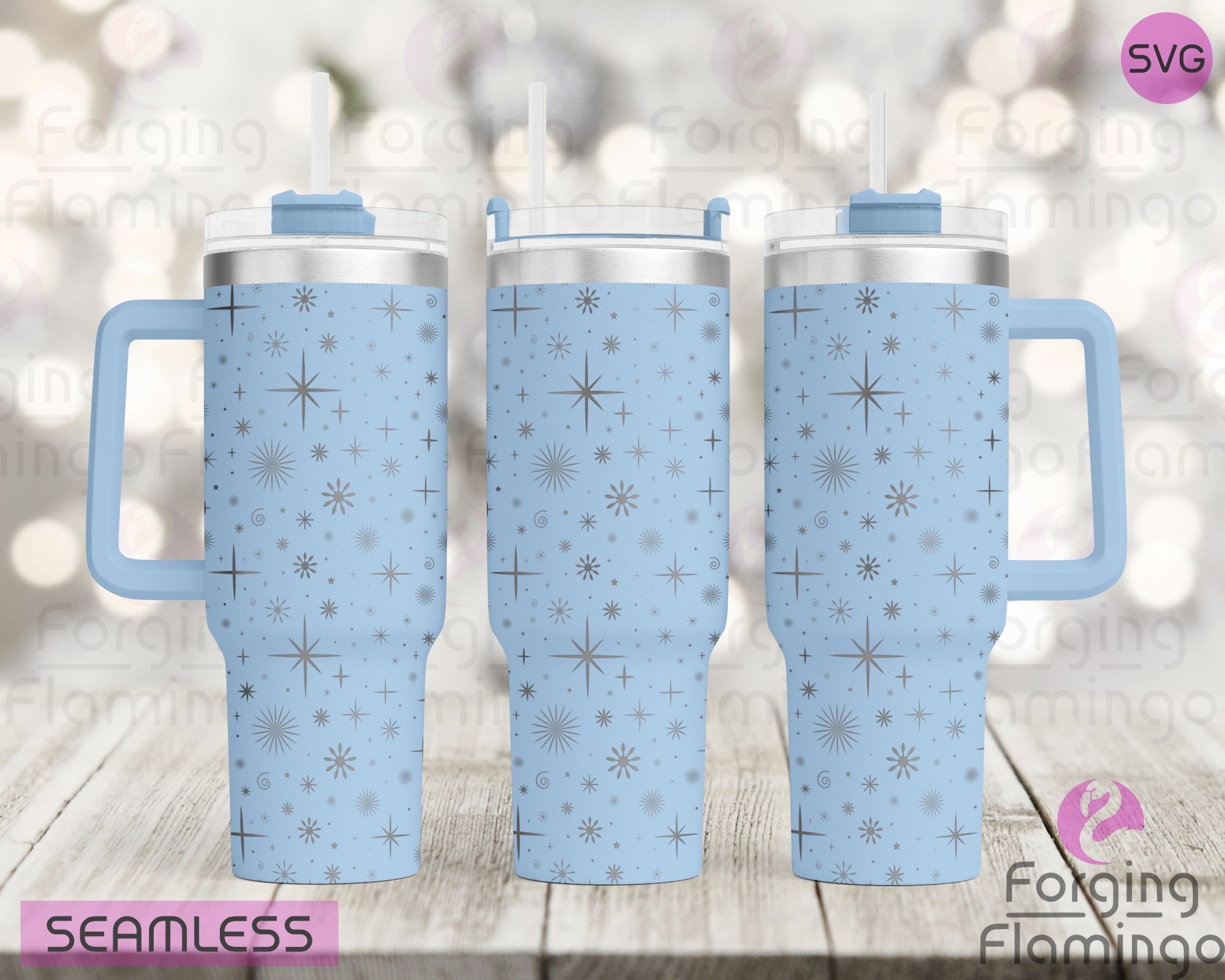 Mockup image of the Stars & Snowflakes Tumbler Wrap SVG by Forging Flamingo, displayed on three tumblers featuring a mix of retro starbursts and delicate snowflakes in a seamless winter wrap. Digital design shown for 20oz, 30oz, and 40oz tumblers.