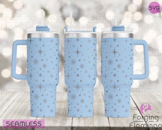 Mockup image of the Stars & Snowflakes Tumbler Wrap SVG by Forging Flamingo, displayed on three tumblers featuring a mix of retro starbursts and delicate snowflakes in a seamless winter wrap. Digital design shown for 20oz, 30oz, and 40oz tumblers.