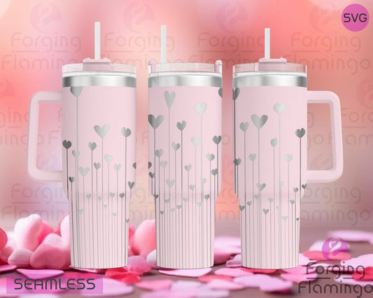 Mockup image of the String of Hearts Tumbler Wrap SVG by Forging Flamingo, displayed on three tumblers featuring hanging heart garlands and scattered heart accents in a delicate and romantic seamless wrap. Digital design shown for 20oz, 30oz, and 40oz tumblers.
