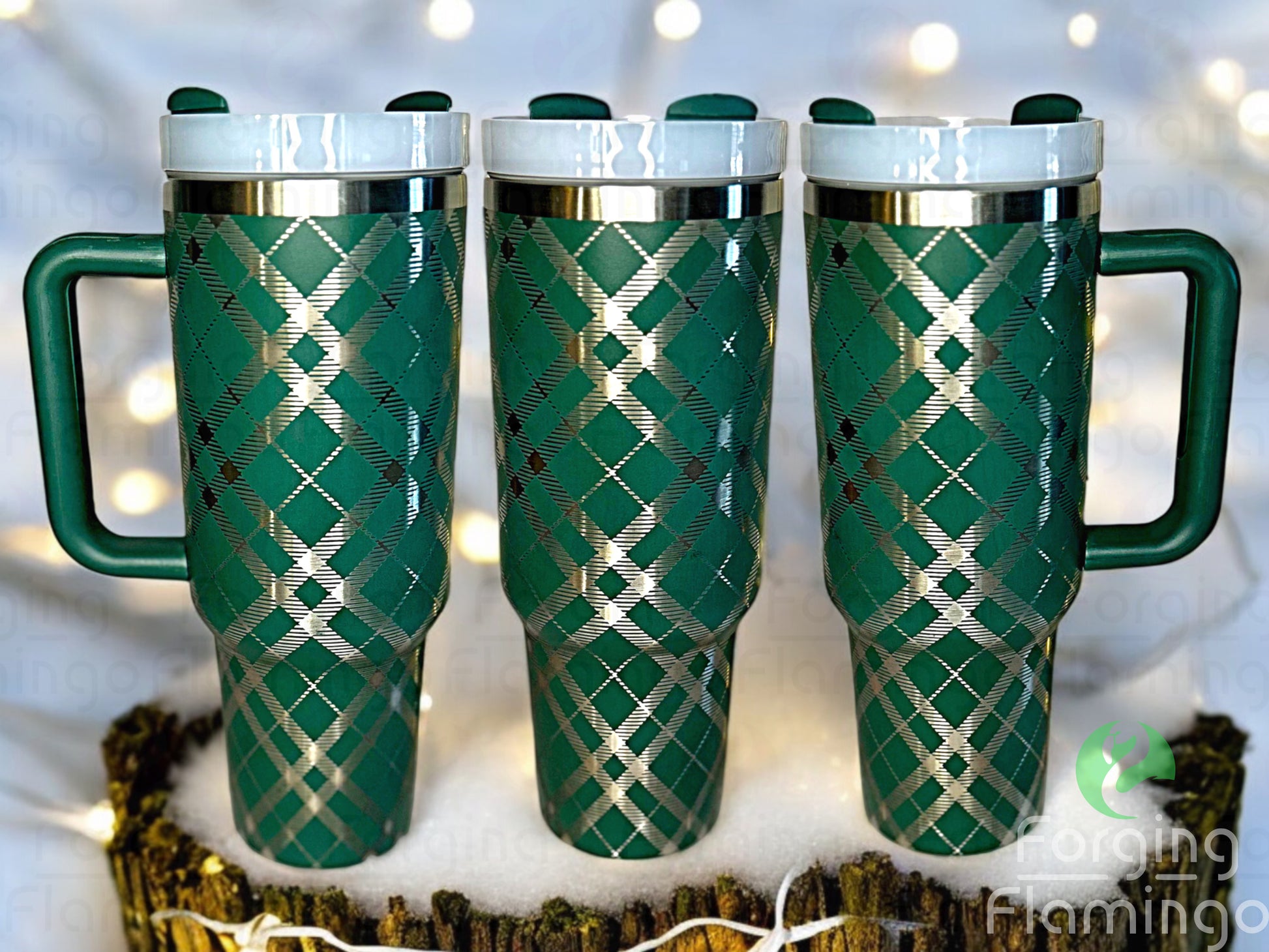 Composite image of a single tumbler engraved with Forging Flamingo's Tartan Plaid design, shown from multiple angles to highlight crisp, woven-style plaid lines in a seamless wrap. Created using the digital file for 20oz/30oz/40oz tumblers.