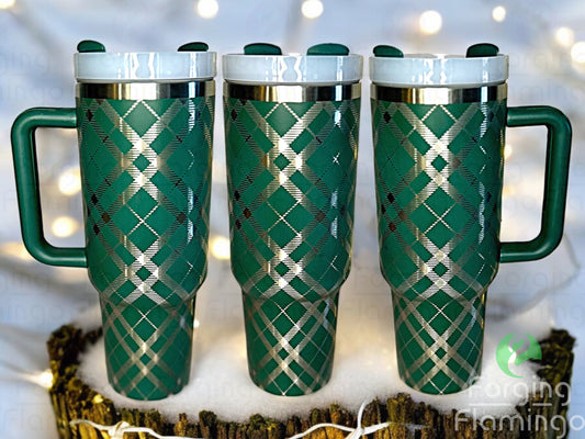 Composite image of a single tumbler engraved with Forging Flamingo's Tartan Plaid design, shown from multiple angles to highlight crisp, woven-style plaid lines in a seamless wrap. Created using the digital file for 20oz/30oz/40oz tumblers.