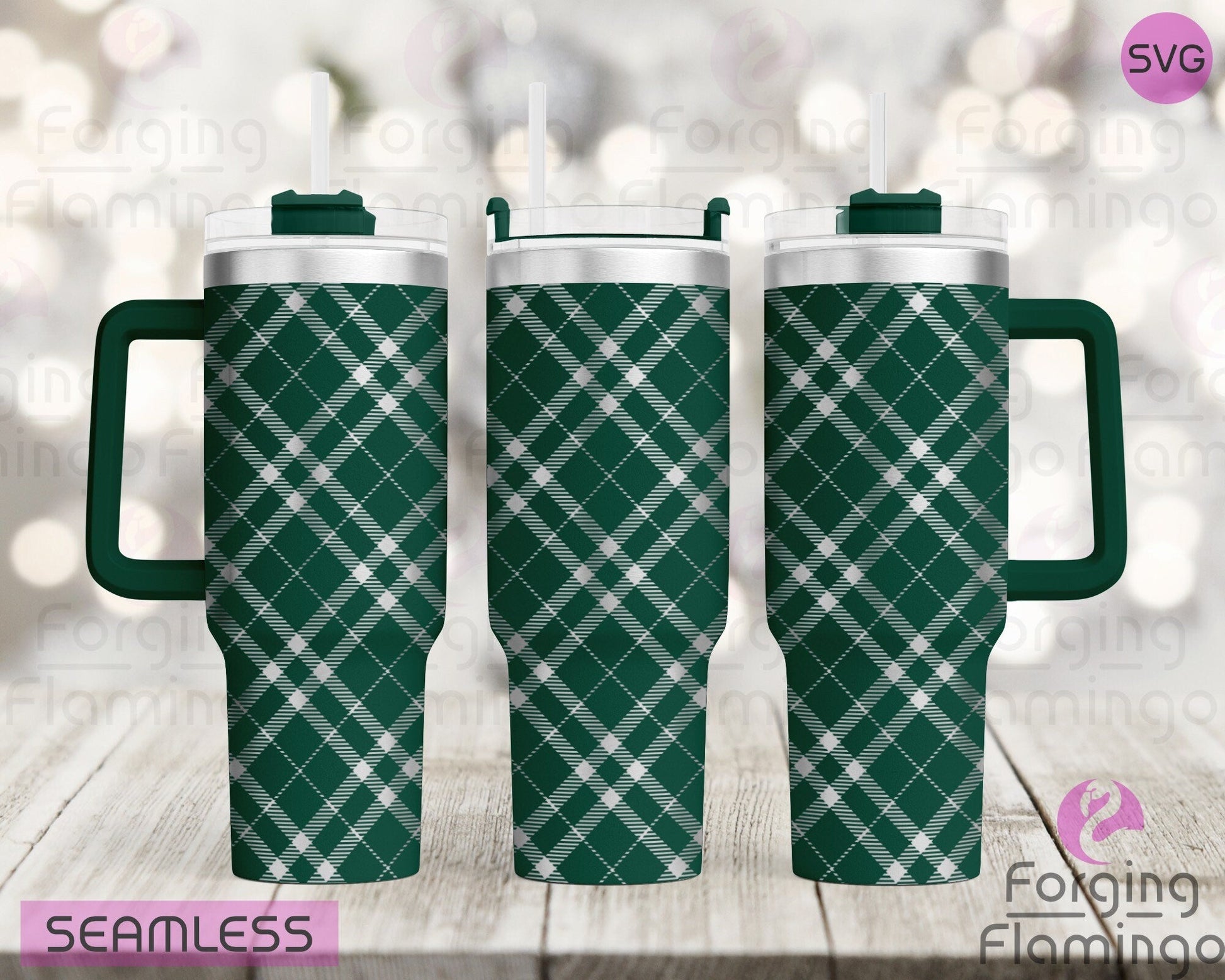 Mockup image of the Tartan Plaid Tumbler Wrap SVG by Forging Flamingo, displayed on three tumblers featuring traditional crisscrossing tartan lines in a seamless, cozy wrap. Digital design shown for 20oz, 30oz, and 40oz tumblers.