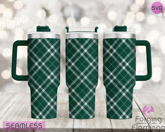 Mockup image of the Tartan Plaid Tumbler Wrap SVG by Forging Flamingo, displayed on three tumblers featuring traditional crisscrossing tartan lines in a seamless, cozy wrap. Digital design shown for 20oz, 30oz, and 40oz tumblers.