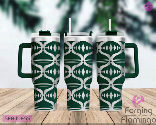 Mockup image of the Teardrop Ornament Tumbler Wrap SVG by Forging Flamingo, displayed on three tumblers featuring geometric teardrop-shaped ornaments and festive holiday accents in a seamless wrap. Digital design shown for 20oz, 30oz, and 40oz tumblers.