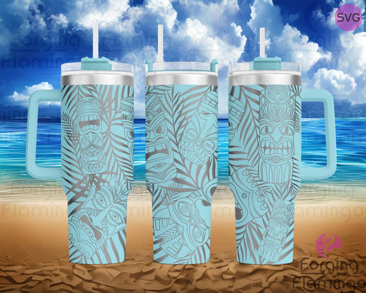 Mockup image of the Tiki Tumbler Wrap SVG by Forging Flamingo, displayed on three tumblers featuring tropical tiki masks, palm leaves, and tribal-inspired patterns in a seamless island-style wrap. Digital design shown for 20oz, 30oz, and 40oz tumblers.