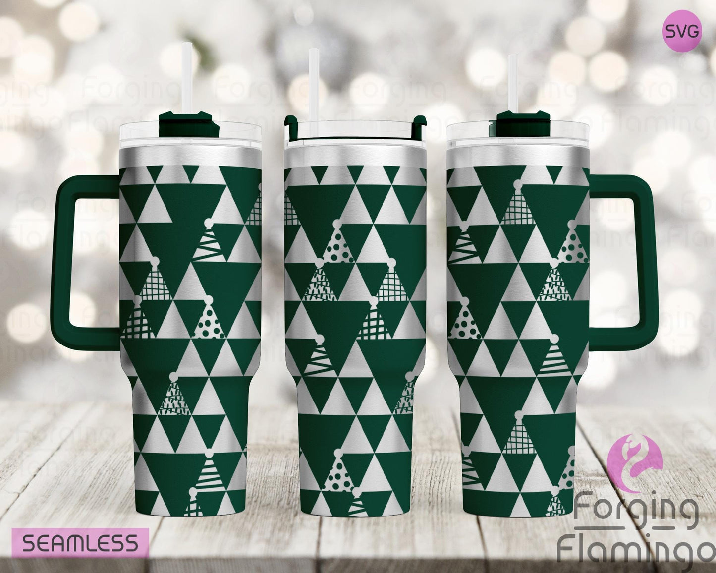 Mockup image of the Triangle Christmas Trees Tumbler Wrap SVG by Forging Flamingo, displayed on three tumblers featuring minimalist triangle-shaped Christmas trees in a modern, seamless holiday wrap. Digital design shown for 20oz, 30oz, and 40oz tumblers.