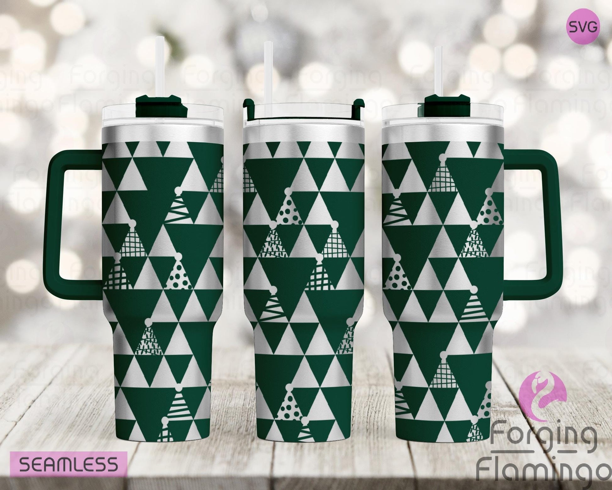 Mockup image of the Triangle Christmas Trees Tumbler Wrap SVG by Forging Flamingo, displayed on three tumblers featuring minimalist triangle-shaped Christmas trees in a modern, seamless holiday wrap. Digital design shown for 20oz, 30oz, and 40oz tumblers.