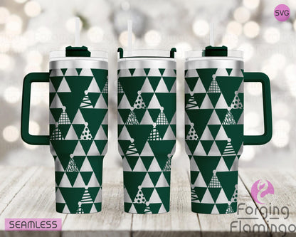 Mockup image of the Triangle Christmas Trees Tumbler Wrap SVG by Forging Flamingo, displayed on three tumblers featuring minimalist triangle-shaped Christmas trees in a modern, seamless holiday wrap. Digital design shown for 20oz, 30oz, and 40oz tumblers.