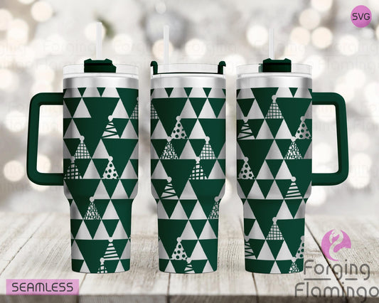 Mockup image of the Triangle Christmas Trees Tumbler Wrap SVG by Forging Flamingo, displayed on three tumblers featuring minimalist triangle-shaped Christmas trees in a modern, seamless holiday wrap. Digital design shown for 20oz, 30oz, and 40oz tumblers.