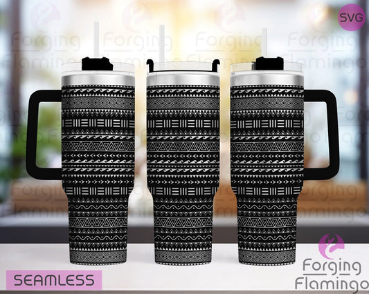 Mockup image of the Tribal Tumbler Wrap SVG by Forging Flamingo, displayed on three tumblers featuring bold geometric patterns and tribal-inspired linework in a seamless wrap. Digital design shown for 20oz, 30oz, and 40oz tumblers.