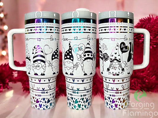 Composite image of a single Non-Branded tumbler engraved with Forging Flamingo's Valentines Gnomes design, shown from multiple angles to highlight playful gnomes in bunny hats, pastel eggs, and festive accents in a seamless wrap.