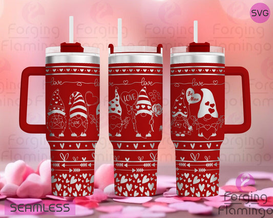 Mockup image of the Valentines Gnomes Tumbler Wrap SVG by Forging Flamingo, displayed on three tumblers featuring gnome characters with heart hats, love letters, and Valentine-themed accessories in a seamless romantic wrap. Digital design shown for 20oz, 30oz, and 40oz tumblers.