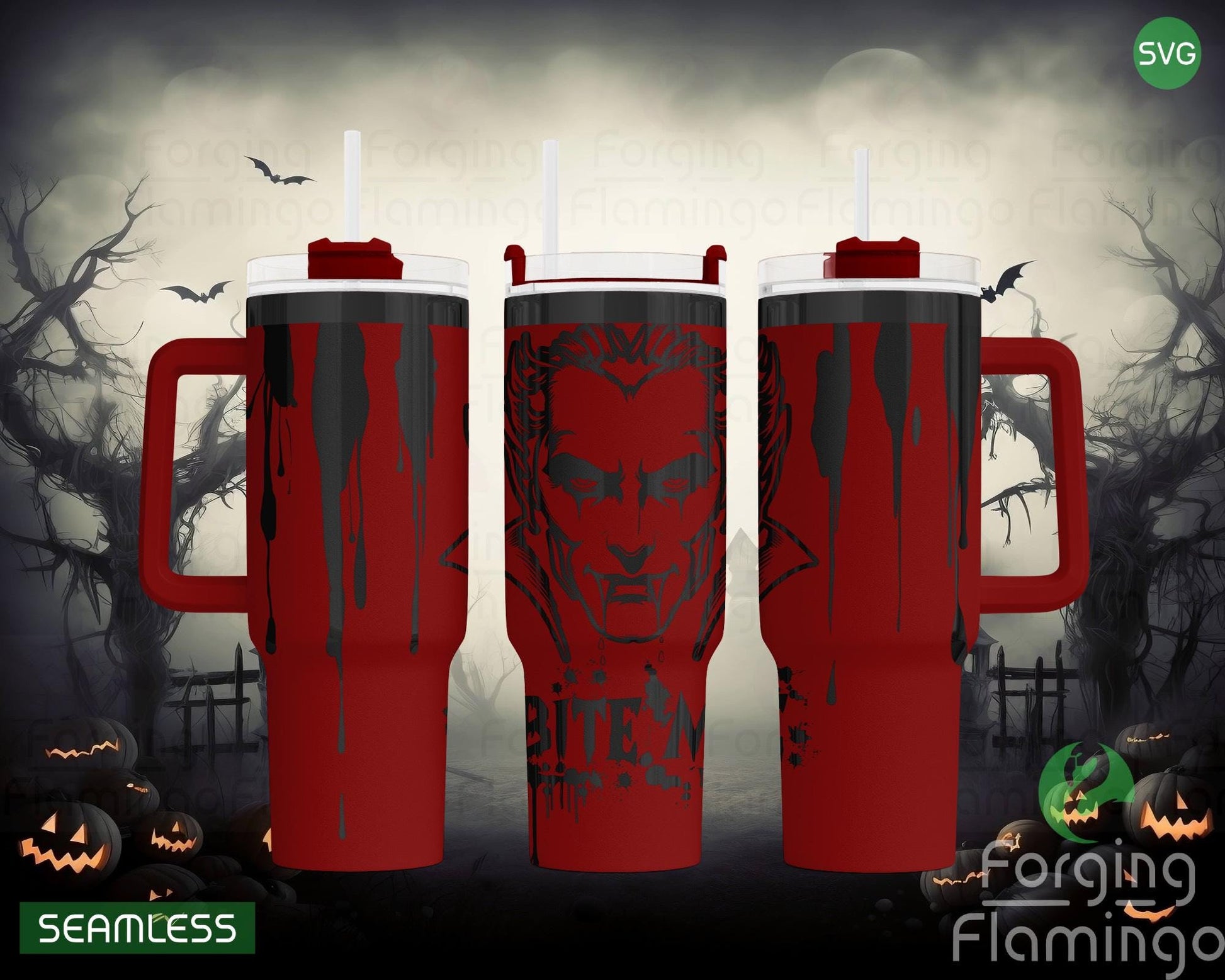 Mockup image of the Vampire Bundle Tumbler Wrap SVG by Forging Flamingo, displayed on a black metal tumbler showing seamless vampire-themed graphics including fangs, coffins, bats, and gothic details. Designed for 20oz, 30oz, and 40oz tumblers.