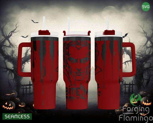 Mockup image of the Vampire Bundle Tumbler Wrap SVG by Forging Flamingo, displayed on a black metal tumbler showing seamless vampire-themed graphics including fangs, coffins, bats, and gothic details. Designed for 20oz, 30oz, and 40oz tumblers.