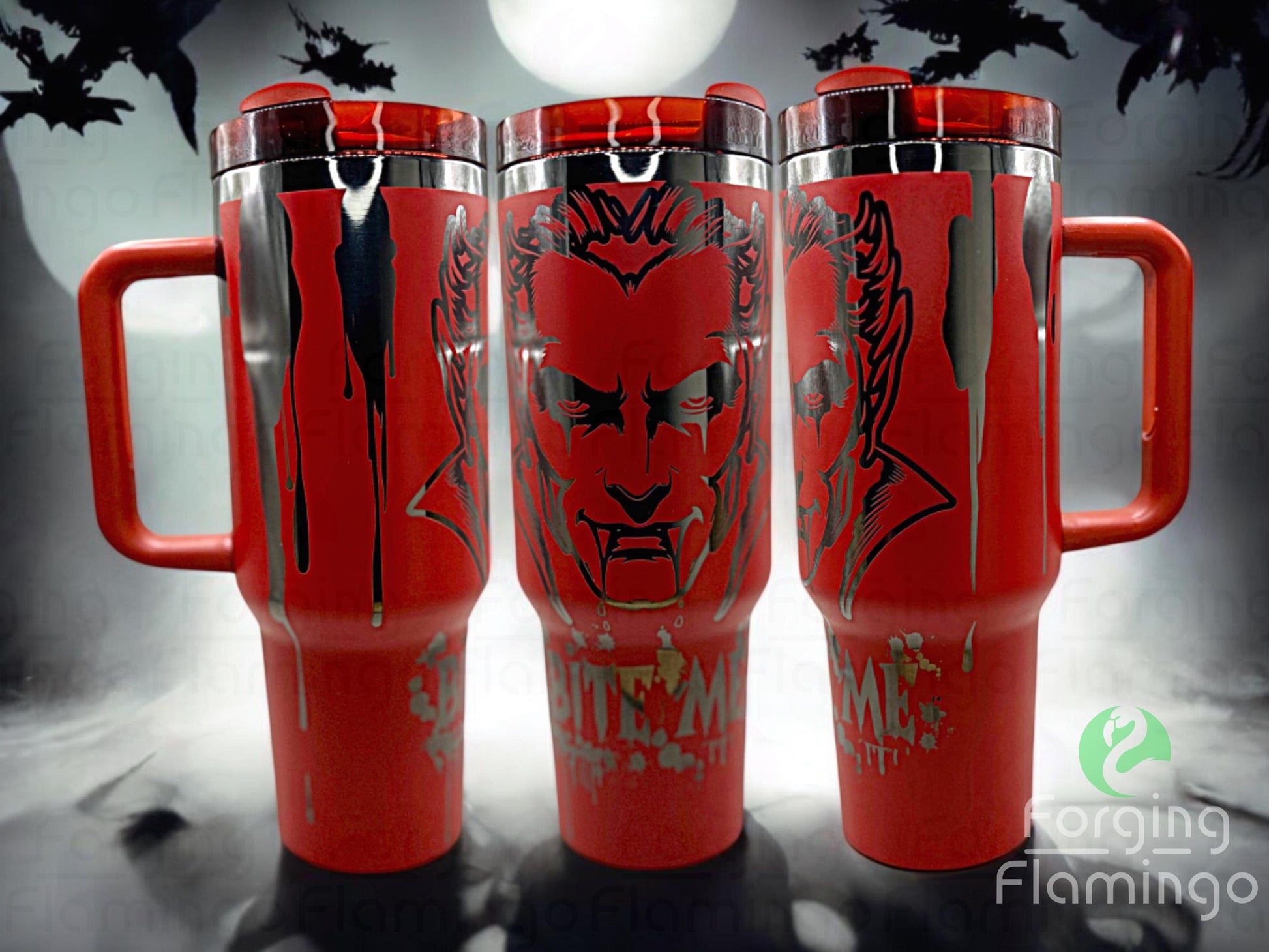 Composite image of a single tumbler engraved with Forging Flamingo's Vampire Bundle design, shown from multiple angles to highlight seamless vampire motifs including bats, coffins, fangs, and gothic decor. Created using the digital file for 20oz/30oz/40oz tumblers.