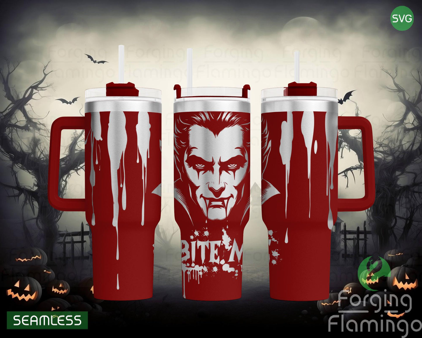 Mockup image of the Vampire Bundle Tumbler Wrap SVG by Forging Flamingo, displayed on a stainless tumbler showing the same gothic vampire motifs-fangs, bats, and dark accents-in a seamless wrap. Designed for 20oz, 30oz, and 40oz tumblers.