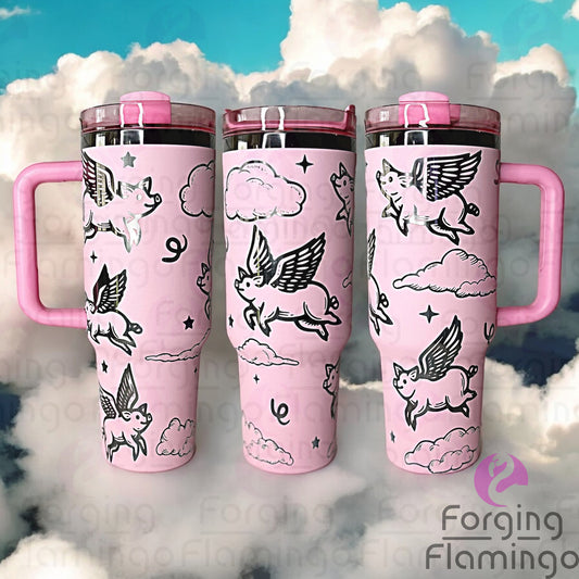 Composite image of a single tumbler engraved with Forging Flamingo's When Pigs Fly design, shown from multiple angles to highlight engraved winged pigs, fluffy clouds, and dreamy celestial accents in a seamless whimsical wrap. Created using the digital file for 20oz/30oz/40oz tumblers.