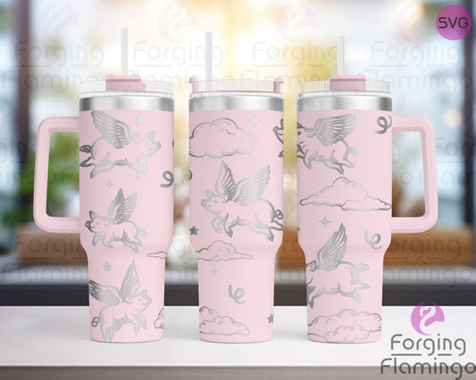 Mockup image of the When Pigs Fly Tumbler Wrap SVG by Forging Flamingo, displayed on three tumblers featuring whimsical flying pigs with wings, clouds, and stars in a playful, seamless wrap. Digital design shown for 20oz, 30oz, and 40oz tumblers.